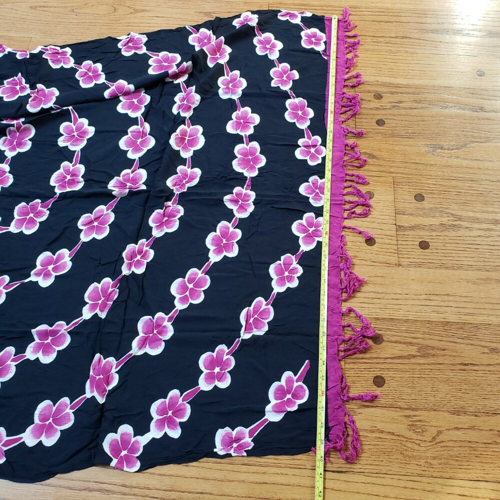 Hawaiian Floral Fringe Sarong Pareo Swim Cover Up wrap Black - Picture 5 of 6
